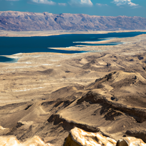 3. תצלום של מדבר הנגב, כשברקע ים המלח, המדגיש את הניגוד בין המדבר הצחיח לגוף המים.