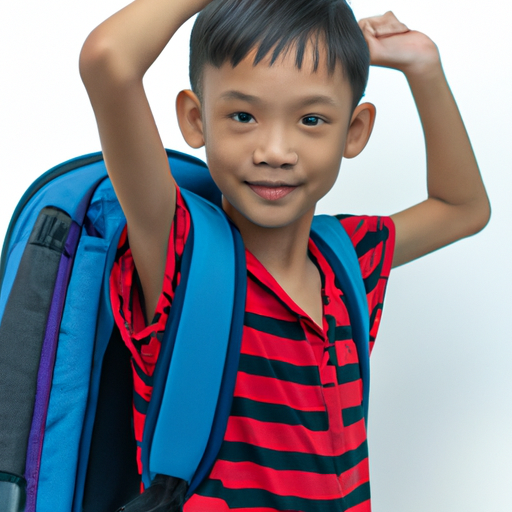 1. תמונה של ילד נושא בשמחה תיק בית ספר של מסי, שהוזמן באינטרנט.