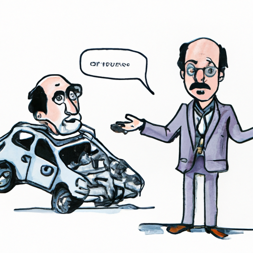 קריקטורה של גבר מתמקח עם בעל מכונית משועשעת, מוקף במכוניות מפורקות.