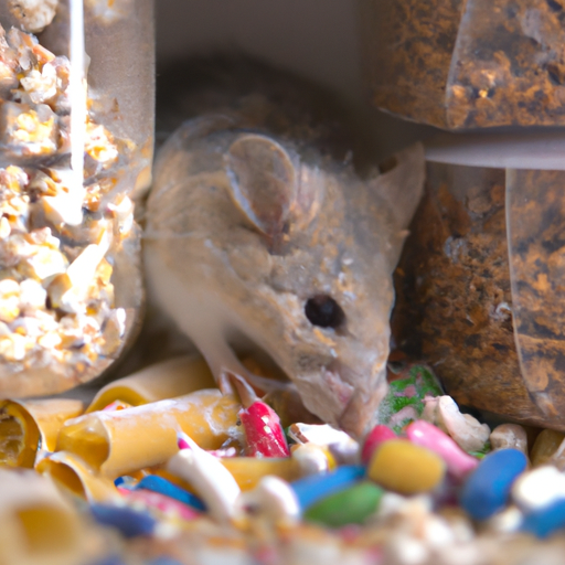 עכבר מכרסם מזון מאוחסן במזווה, מדגים את הפוטנציאל לזיהום מזון.