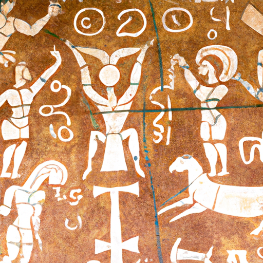 3. ציור קיר עתיק המציג טקסים דתיים שנערכו במערך אסטרולוגי ספציפי.