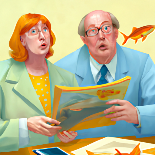 3. קריקטורה של זוג מבולבל קורא חוברת שכותרתה 'תוכניות פרישה של דג זהב'