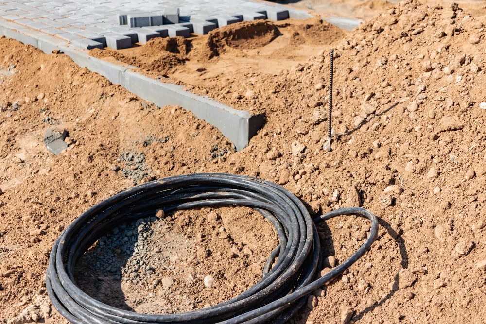 High Voltage Electrical Cable Is Laid Trench Closeup Electric Cable Apartment Building Electricity Supply Building