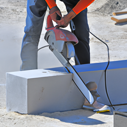 תמונה המציגה פועל בניין המשתמש במסור בטון לחיתוך מדויק.