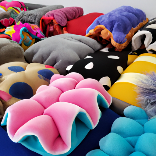 מערך של מיטות כלבים קטנות צבעוניות ומפנקות המציגות עיצובים שונים.