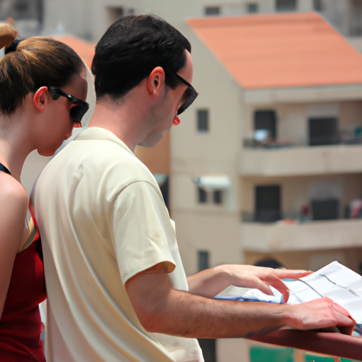 זוג צעיר מסתכל על תוכנית קומה של בניין דירות חדש בתל אביב.